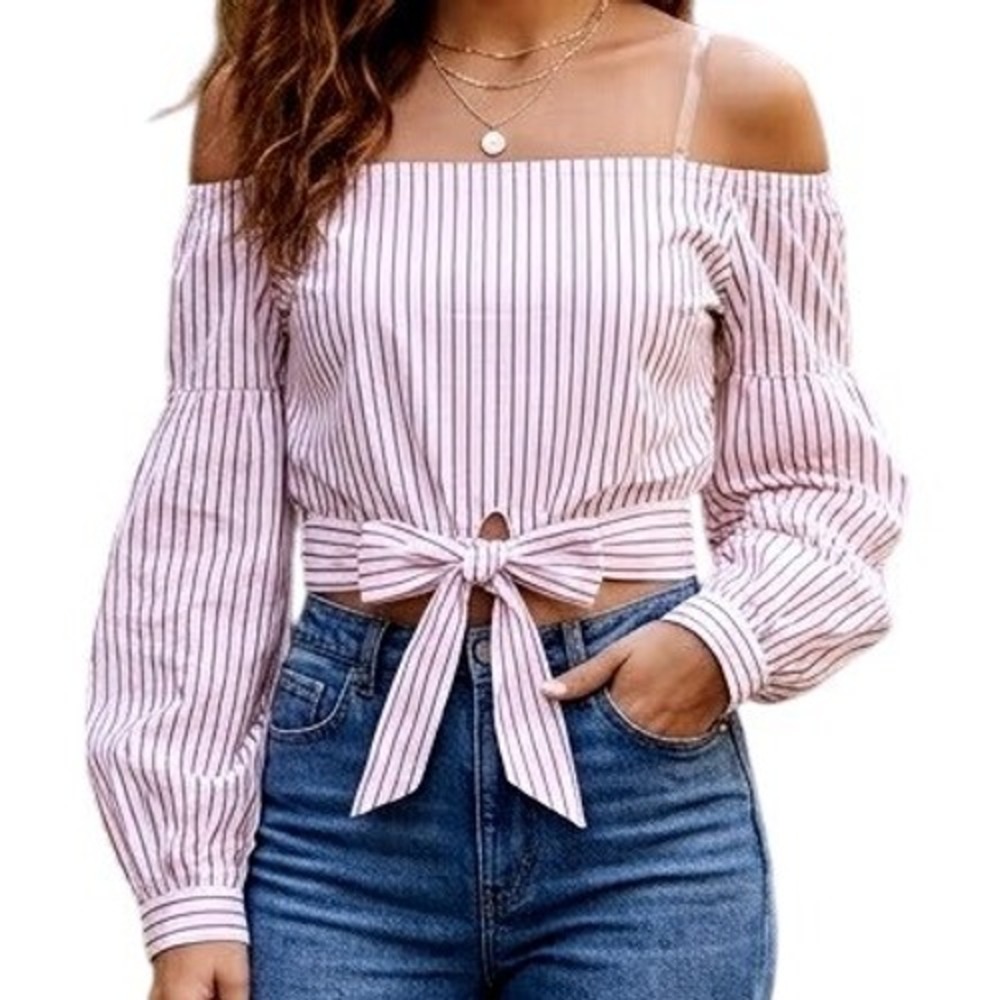 White Striped Off Shoulder Crop Top Tie Front Balloon Sleeve - Iris LA Size L